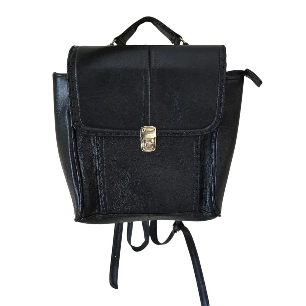 Genuine Leather Backpack Purse Black Whipstitch Made in Mexico Gold‎ Hardware